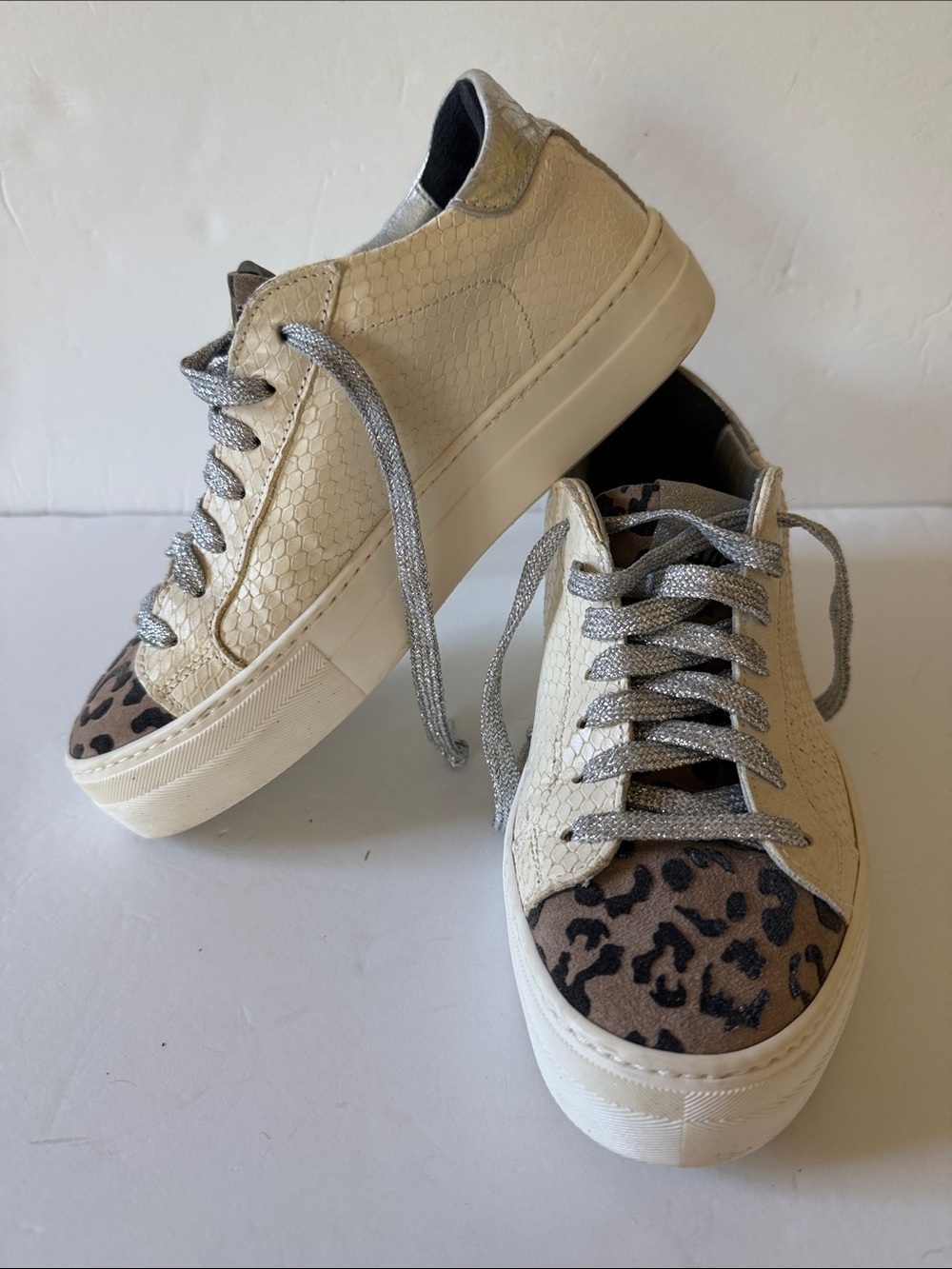 P448 Thea Roccia Leopard Toe Platform Sneakers Cream Silver EU 37
